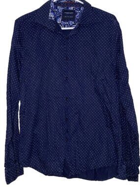 Denim & Flower Large Men's Navy Blue Polka Dot Button Up Collar Shirt Dress